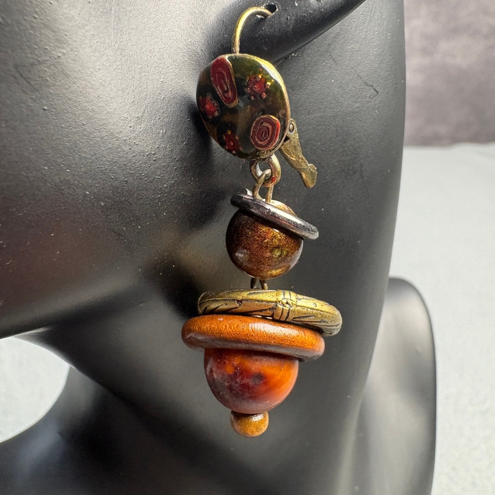 Boho Mixed Media Dangle Earrings‎ Wood Bronze Lever Back Hand Painted Artisan